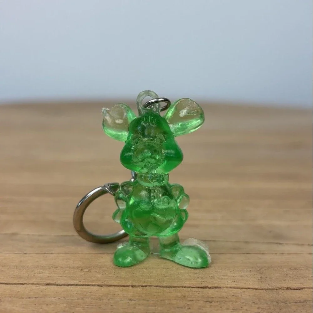 Vintage Keychain Green Mouse Key Ring Acrylic Chuck E. Cheese Retro Jelly Figure